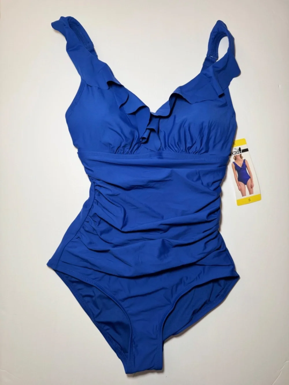 DKNY One Piece Swimsuit Small Blue Ruffle V-Neck Ruched Tummy Control NWT - Picture 2 of 8
